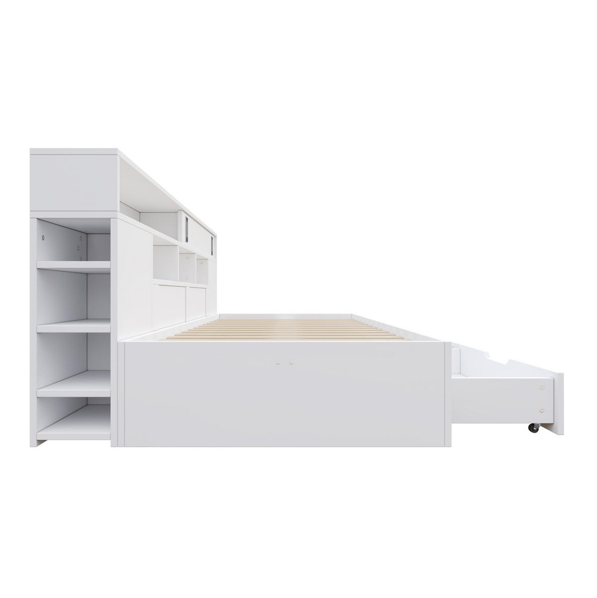 KINDERBETT aus MDF 90x200 cm Weiß mit Schubladen, Schiebetürschrank und Regal - Weiß, Holzwerkstoff (90/200cm) - IVMEU