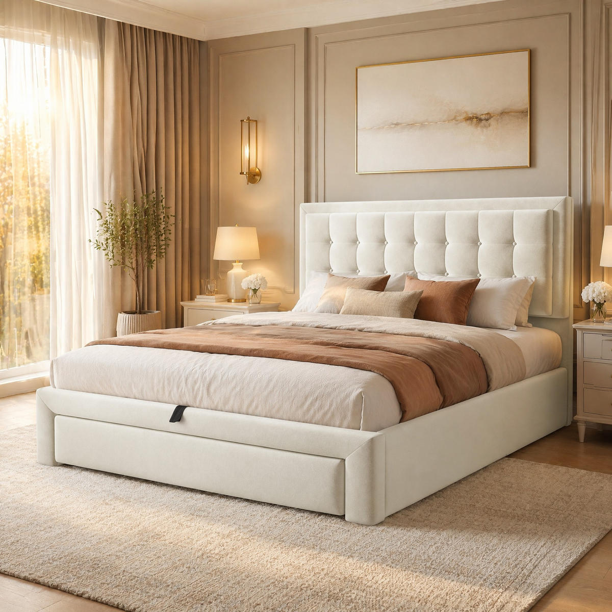 POLSTERBETT 140/190 mit Bettkasten und 2 Schubladen aus Samt in Beige - Beige, Holzwerkstoff/Textil (140/190cm) - EVRYAE