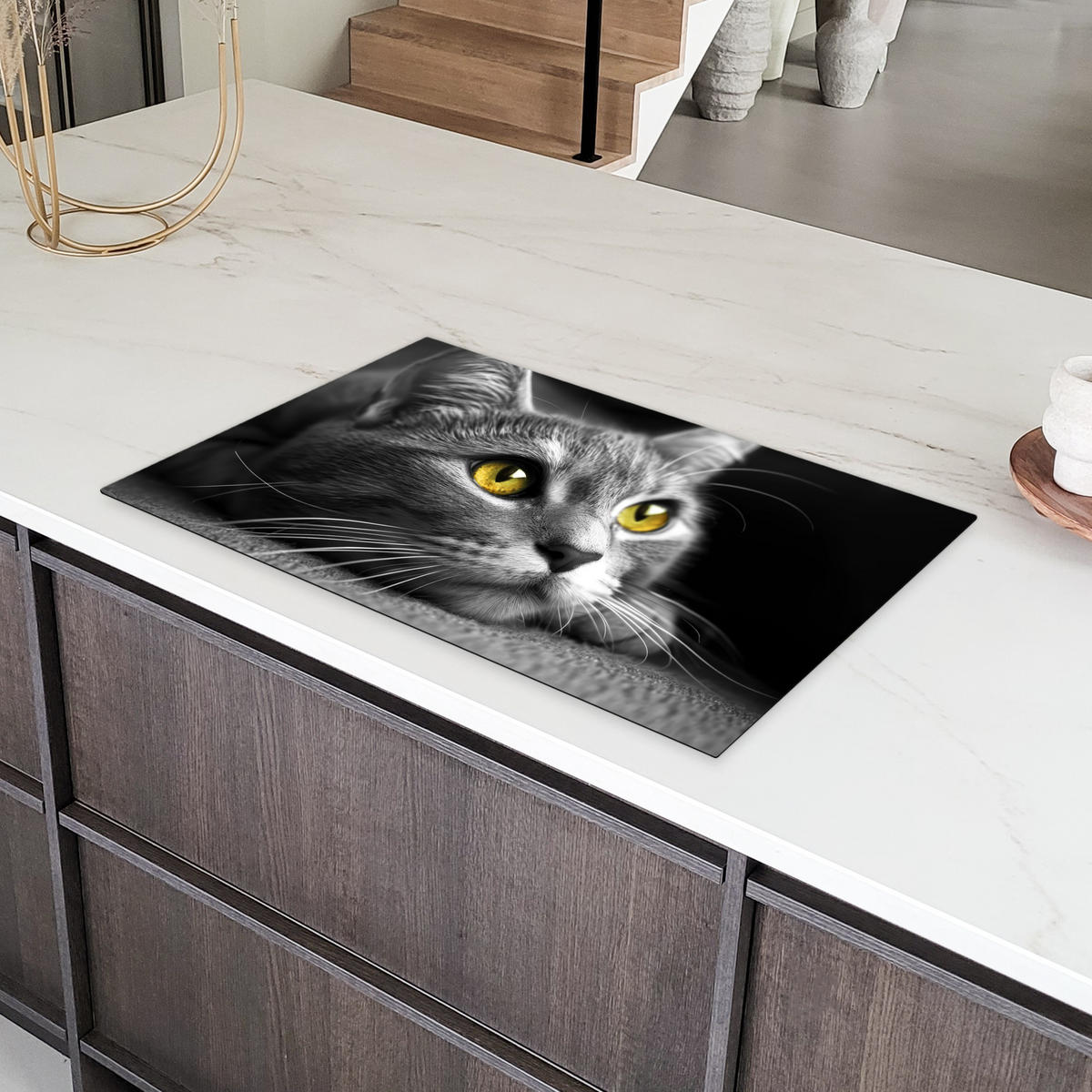 HERDABDECKPLATTE Katze - Grau - Tiere - Katze Ceranfeldabdeckung 85x52 cm - Grau, Kunststoff (85/52/0.2cm) - MuchoWow