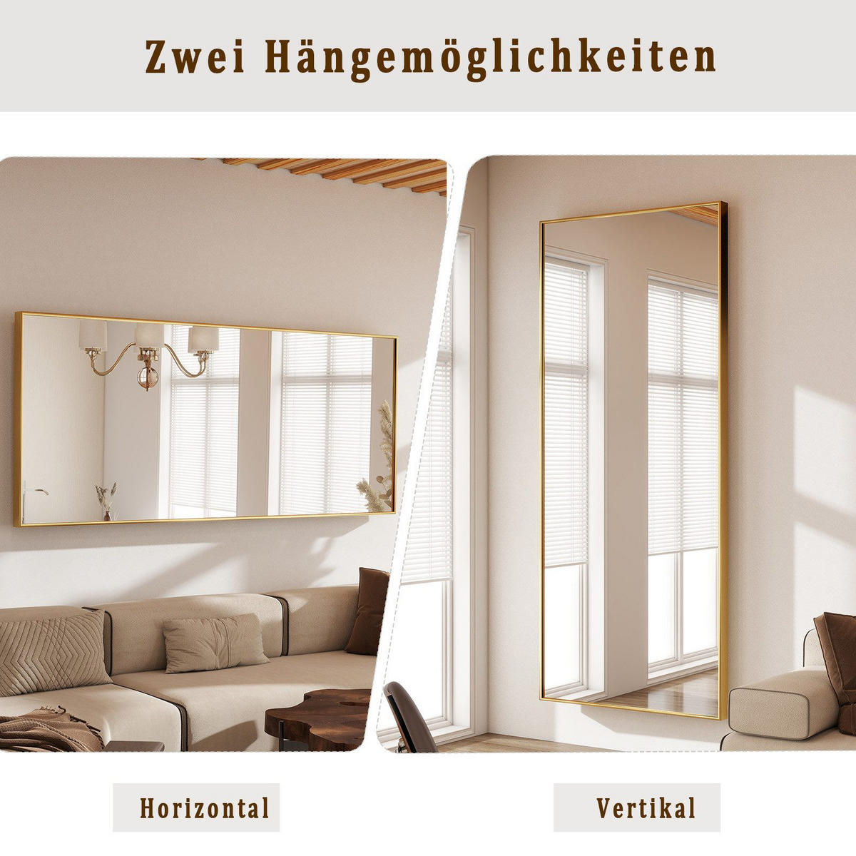 STANDSPIEGEL 165x60 cm – Freistehend & Wandmontage, Aluminiumlegierung Goldrahmen - Goldfarben, Glas/Metall (60/165/165cm)