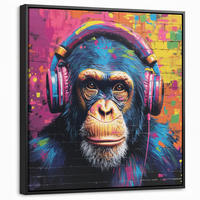 LEINWAND Bilder mit Rahmen - Graffiti - Schimpanse - Straßenkunst - Kopfhörer - Affe - 50x50 - Blau, Textil (50/50cm) - MuchoWow