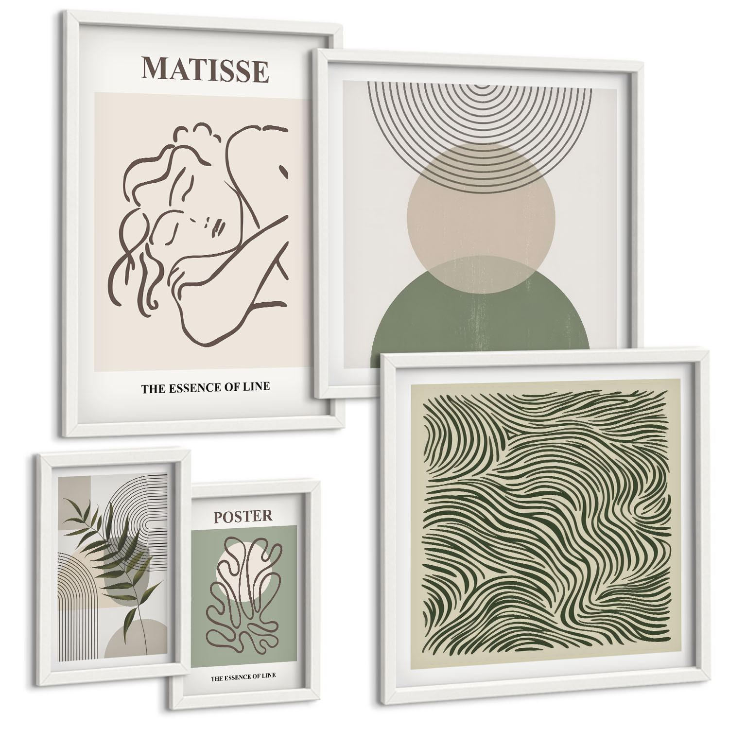 BILDER SET 5er Set - 50x50 cm & 20x30 cm & 40x60 cm Weißer Rahmen - Geometrische botanische Muster - Weiß, Kunststoff (40/60cm) - TULUP