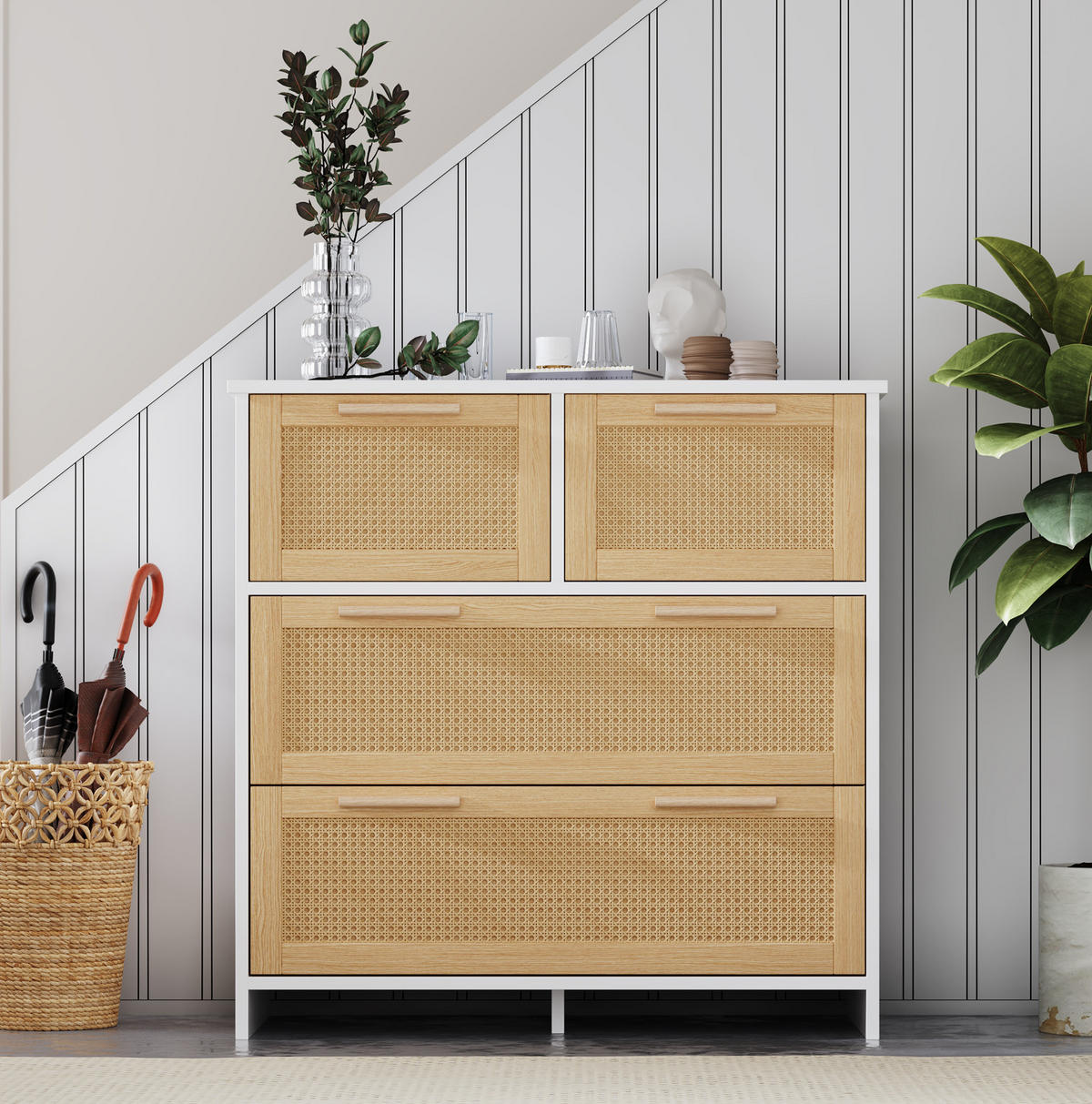 KOMMODE, 4 Schubladen, Rattan-Optik, 80x38x80 cm, NaturxWeiß - Weiß, Holzwerkstoff (38/80/80cm) - Modfu