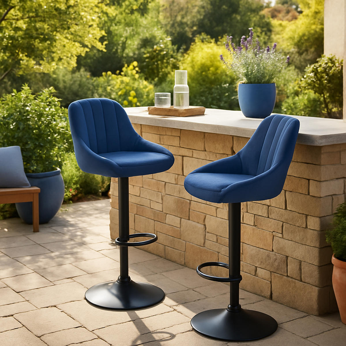 BARHOCKER 2er Set Milos Samt B blau - Blau/Schwarz, Textil/Metall (47/106/48cm) - TPFLiving