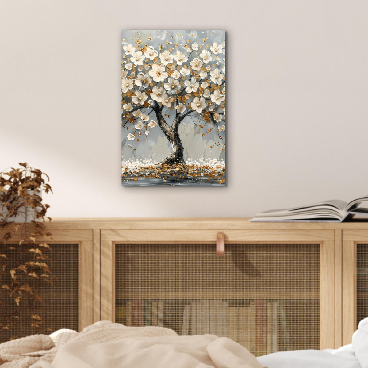 KOVOVÝ OBRAZ Strom - Kvety - Biela - Príroda - Umenie 20x30 cm - biela, kov (20/30cm) - MuchoWow