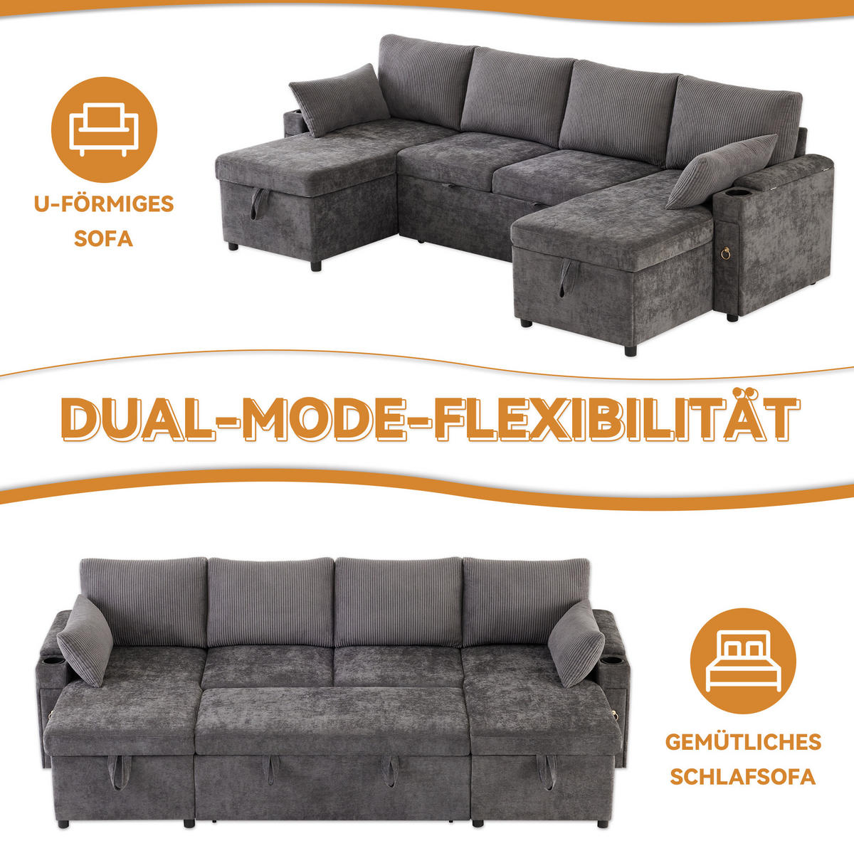 SCHLAFSOFA aus Chenille & Cord 272x131x84 cm in Grau mit Stauraum & Getränkehaltern - Grau, Textil (272/84/131cm) - Modfu