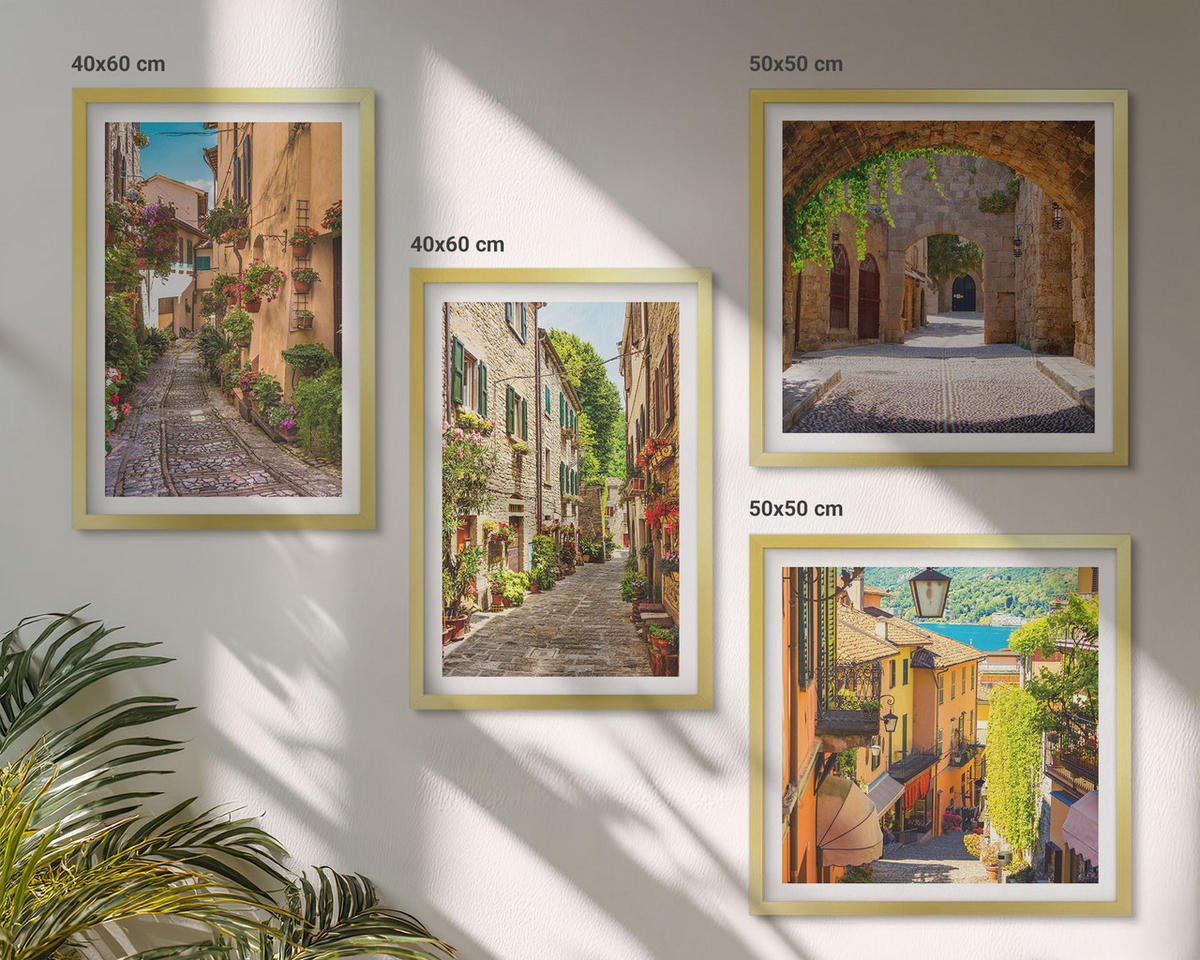 BILDER SET 4er Set - 50x50 cm & 40x60 cm Goldrahmen - Italienische Straßen, Blumen, Architektur - Goldfarben, Kunststoff (50/50cm) - TULUP