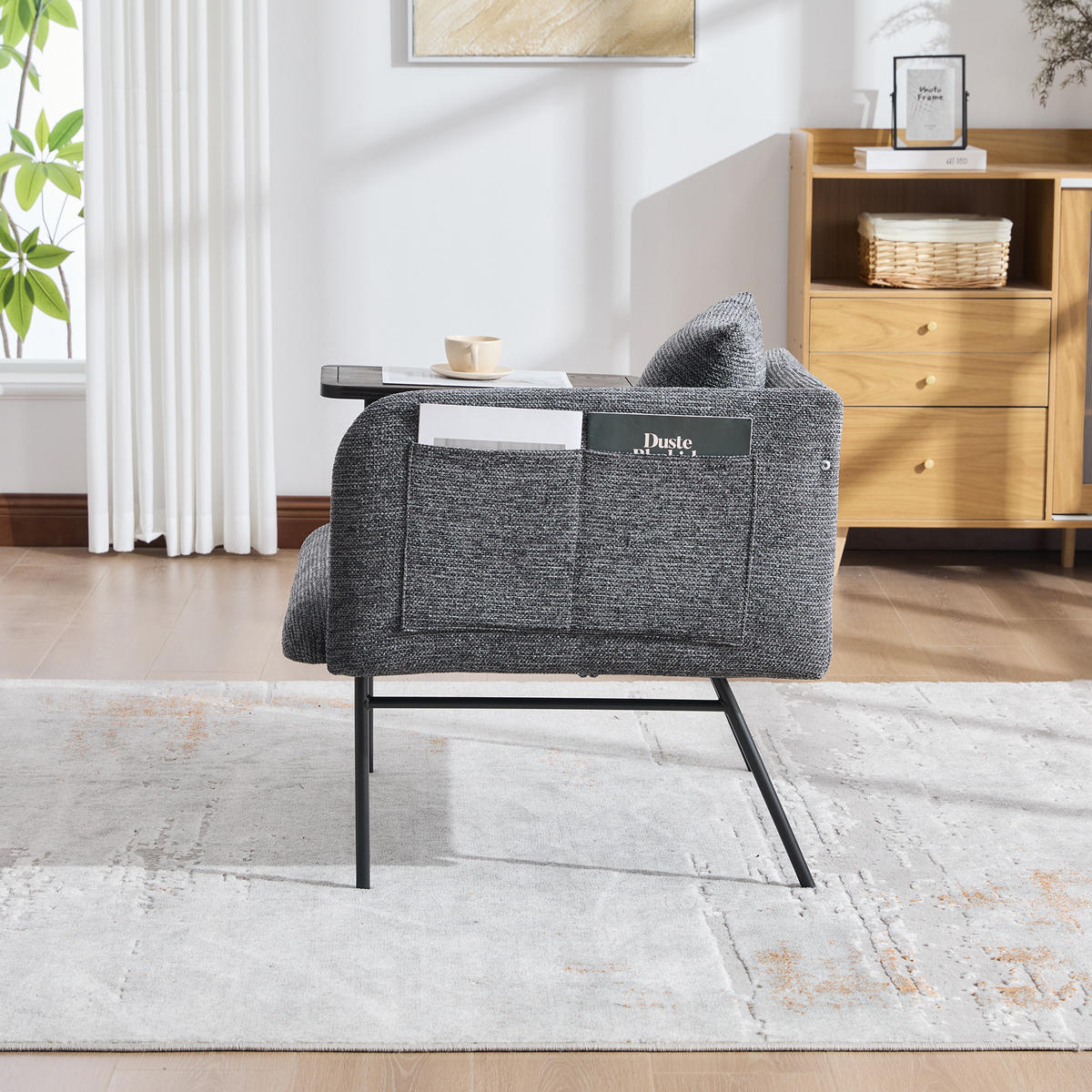 SESSEL Chenille Dunkelgrau mit Beistelltisch und Seitentaschen - Dunkelgrau, Textil/Metall (86/71/72cm) - WISHDOR