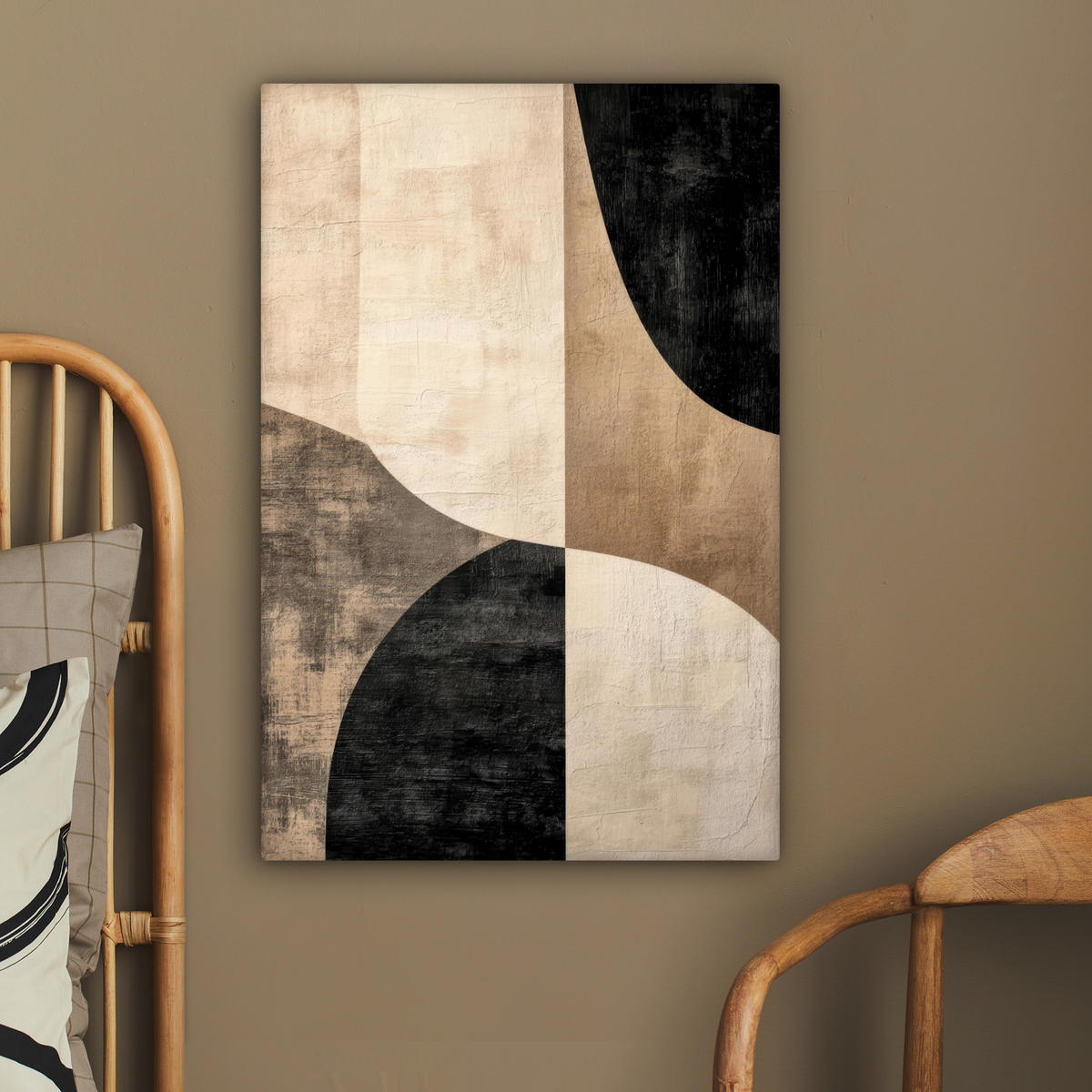 LEINWANDBILD Abstrakt - Flugzeuge - Schwarz - Rund Wanddeko Schlafzimmer 60x90 cm - Beige, Textil (60/90cm) - MuchoWow