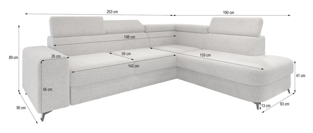 ECKSOFA ALVORO R-S Beige Boucle-Stoff mit Schlaffunktion - Beige, Holz (253/190cm) - MASSENO