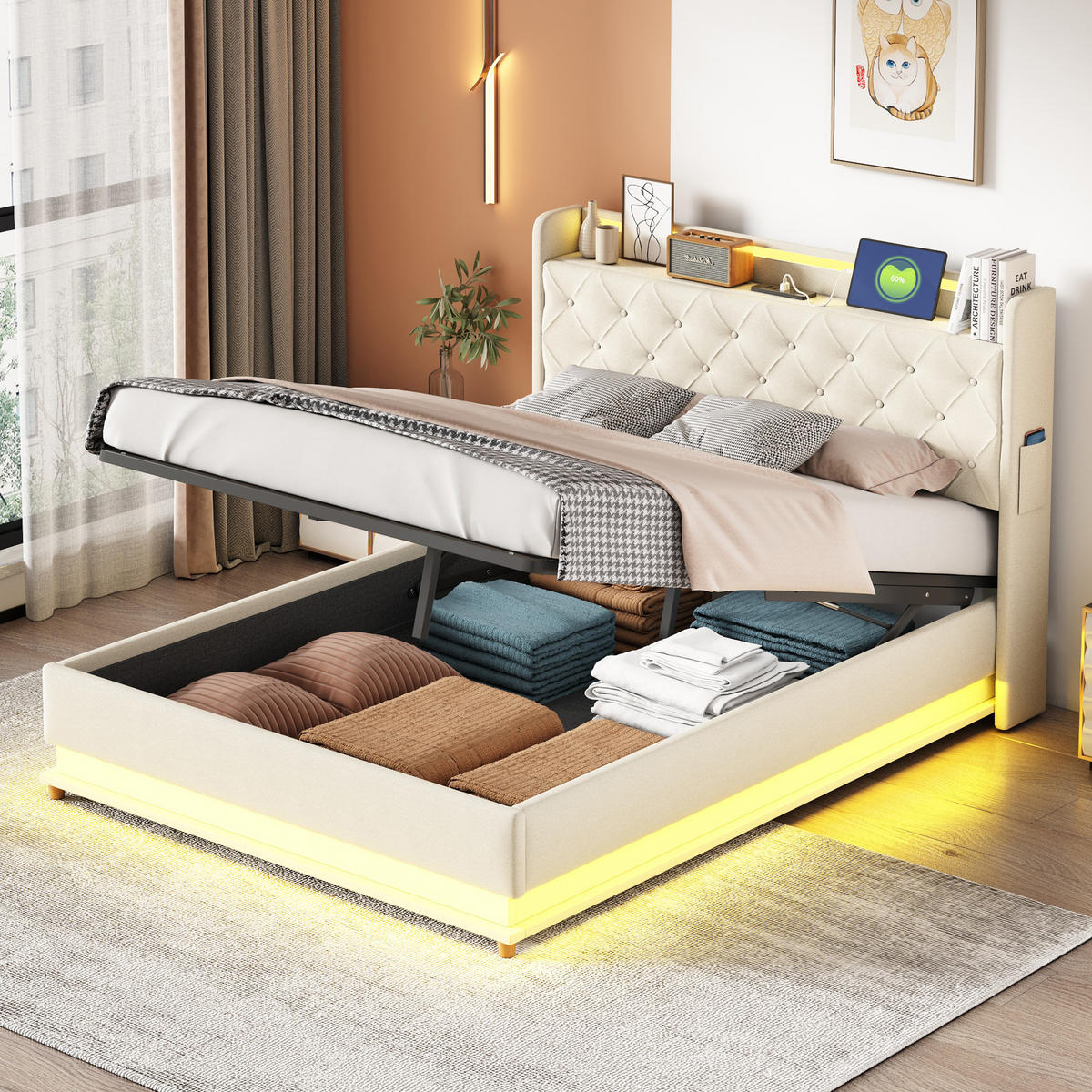 POLSTERBETT 140x200 Beige Leinen LED Stauraum - Beige, Textil (140/200cm) - FLIEKS