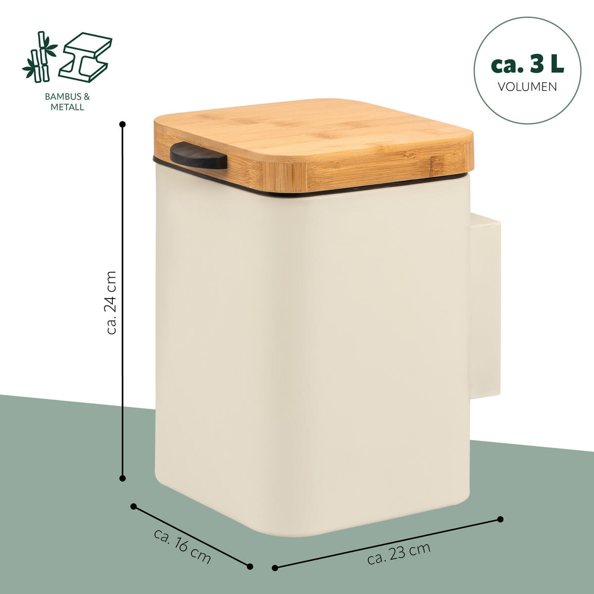 WAND-KOSMETIKEIMER 3 L, eckig, beige - Beige, Metall (16/24/23cm) - bremermann