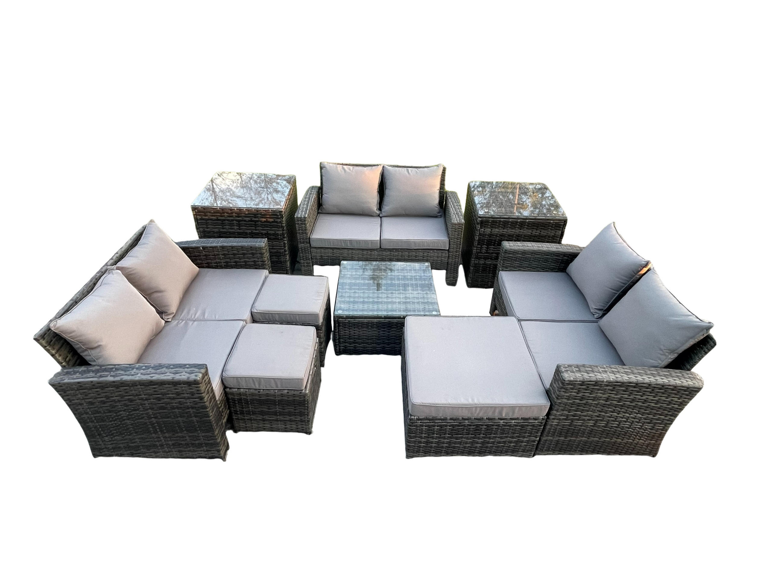 GARTEN-LOUNGE-SET MIT COUCHTISCH DOPPELSITZ-SOFA 3 HOCKER 2 BEISTELLTISCHE Polyrattan Dunkelgrau Gemischt 9-Sitzer - Dunkelgrau, Metall - Fimous