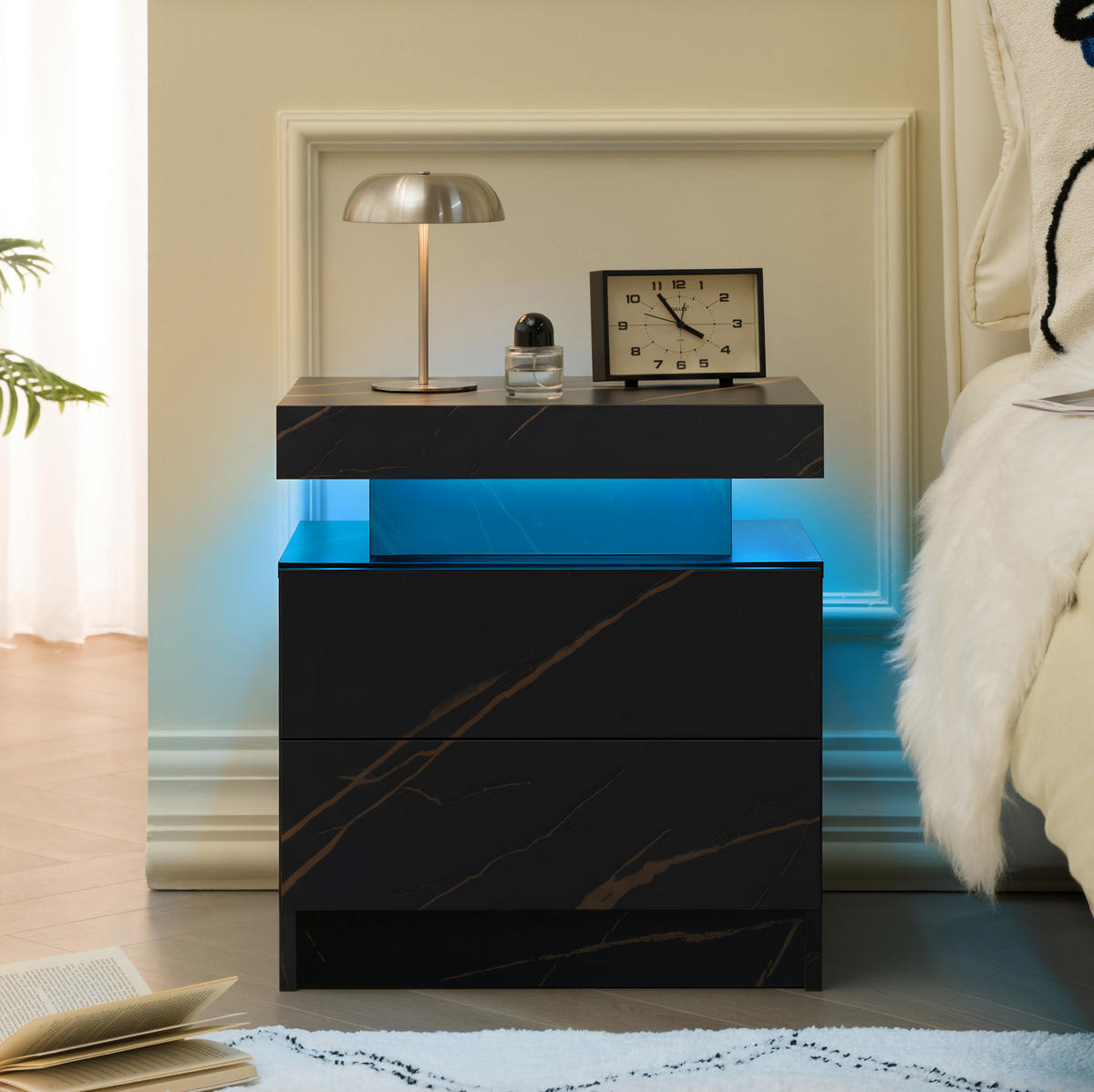 NACHTTISCH 50/53/36 cm mit LED-Beleuchtung in Schwarz/Gold – mit 2 Schubladen & offenem Fach - Schwarz, Holzwerkstoff (53/36/50cm) - BEAOK