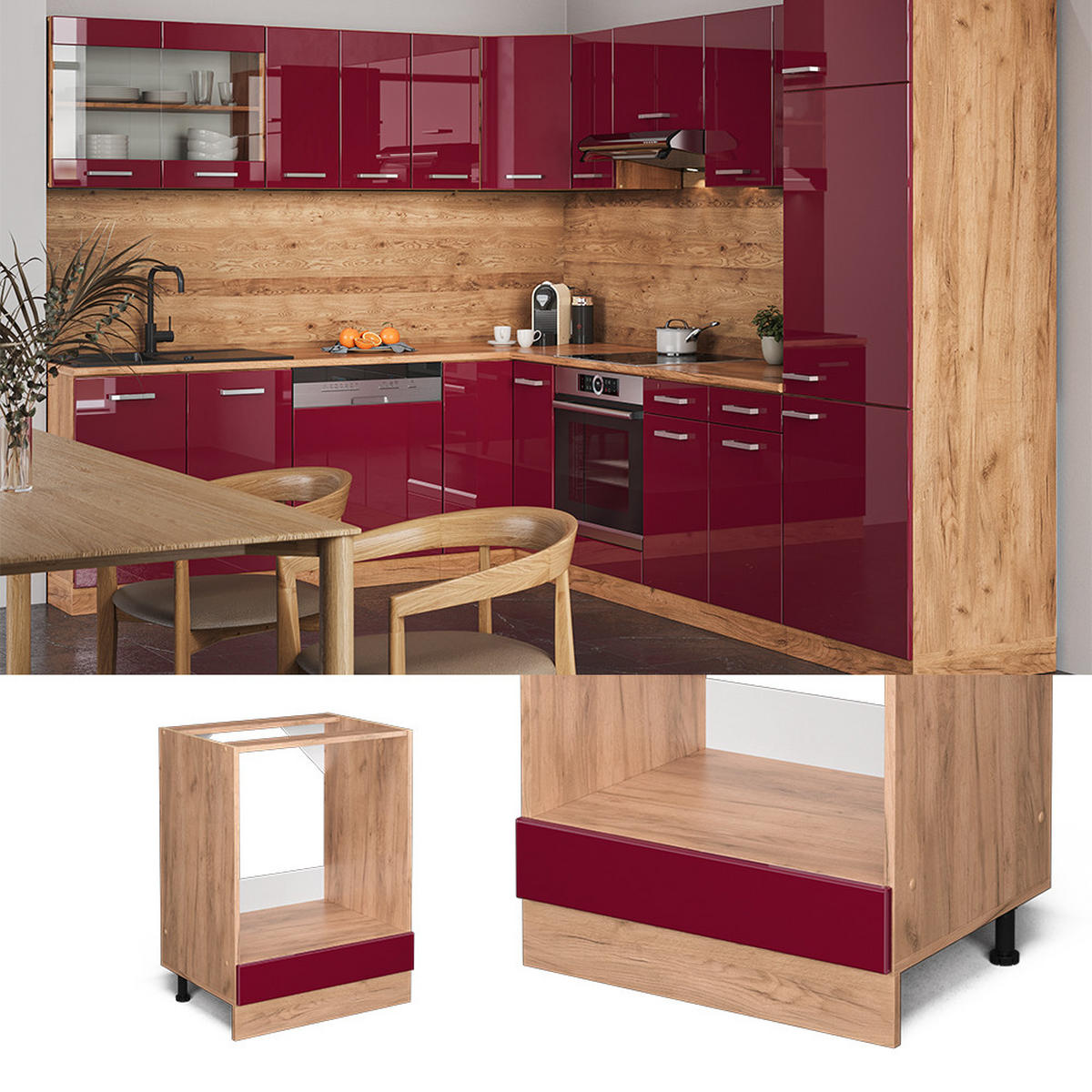 HERDUMBAUSCHRANK R-Line Bordeaux Hochglanz 60 cm AP Marmor - Bordeaux/Eiche Wotan, Holzwerkstoff (60/81.6/60cm) - Vicco