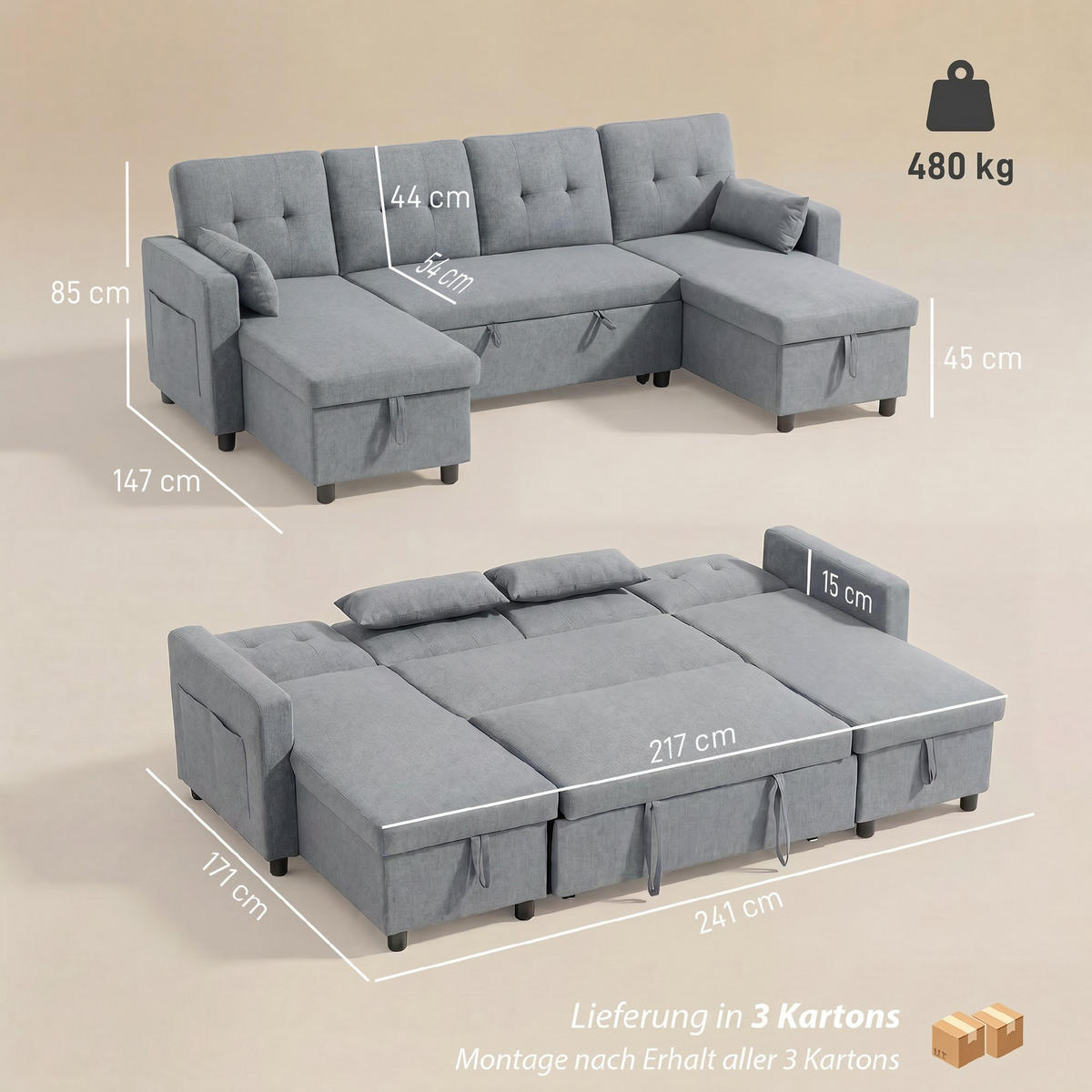 ECKSOFA mit Schlaffunktion Polyester Grau - Schwarz/Grau, Holz/Kunststoff (147/85/241cm) - HOMCOM