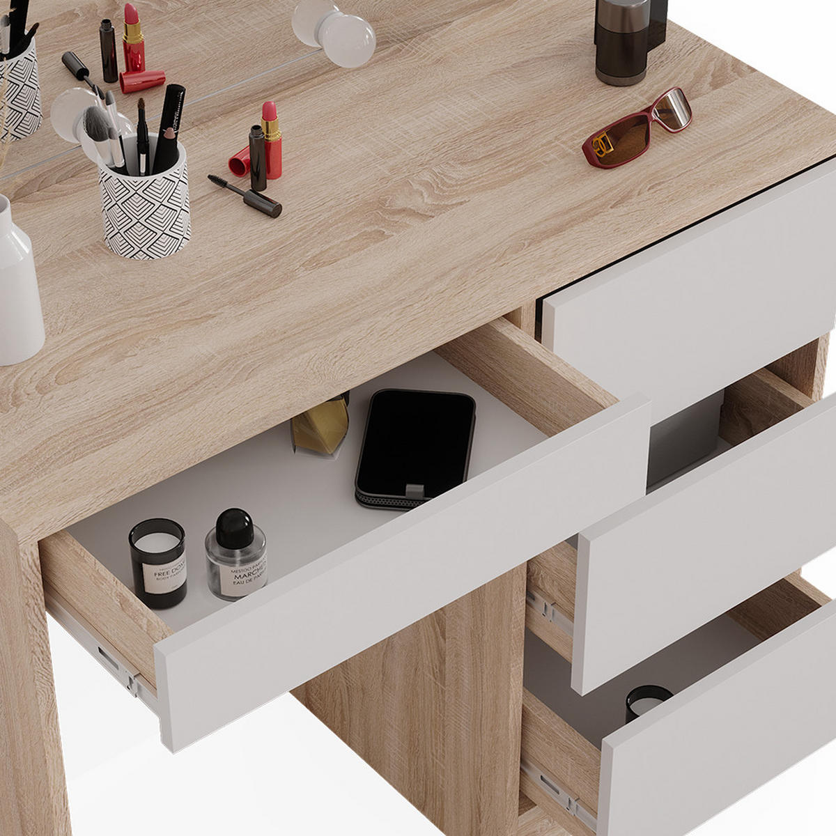 SCHMINKTISCH Sherry Sonoma 90 cm mit LED Beleuchtung - Weiß/Sonoma Eiche, Holzwerkstoff (90/75/40cm) - Vicco