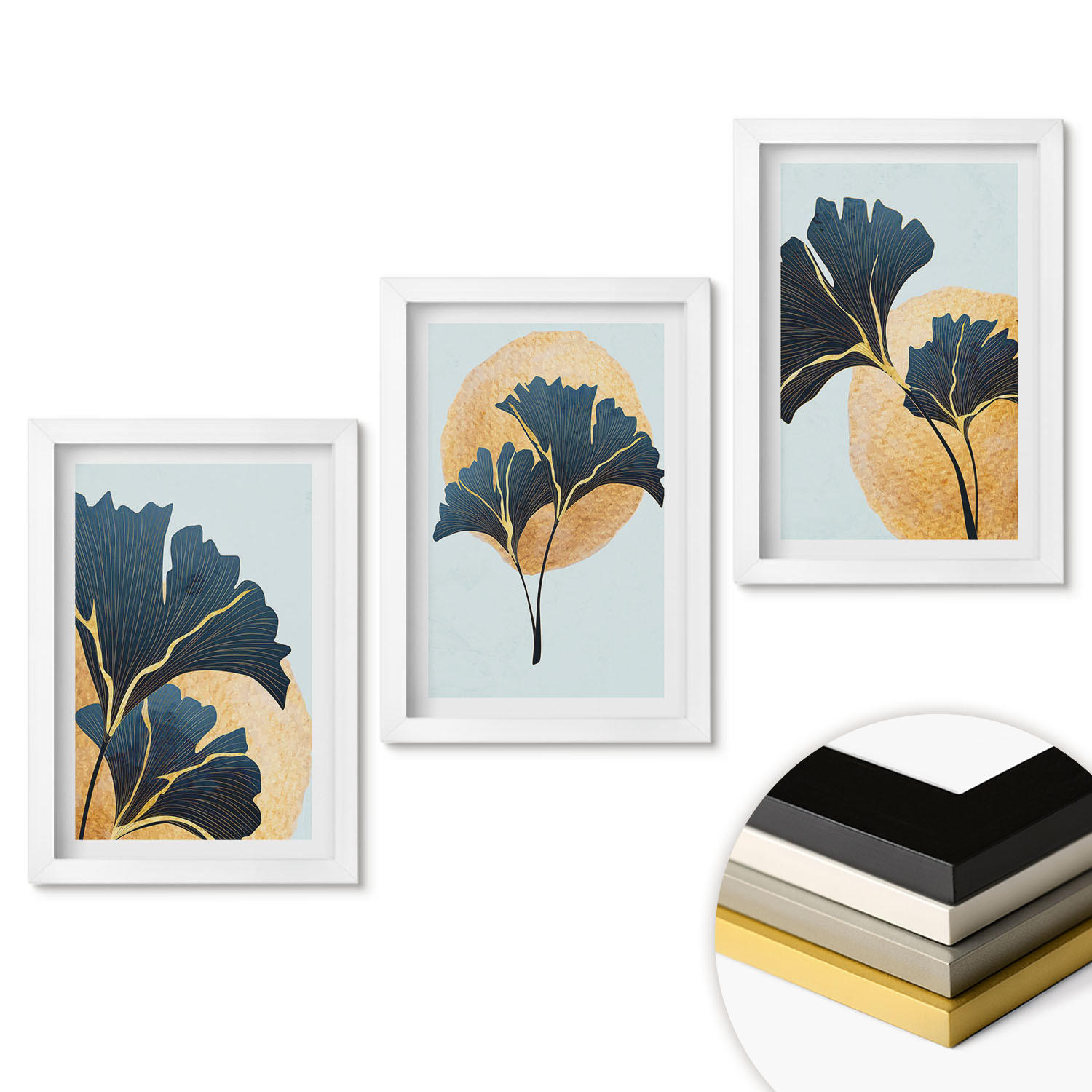 WANDBILDER 3er-Set - 20x30 cm Weißer Rahmen - Ginkgoblätter, heller Hintergrund - Weiß, Kunststoff (20/30cm) - ArtPrintCave