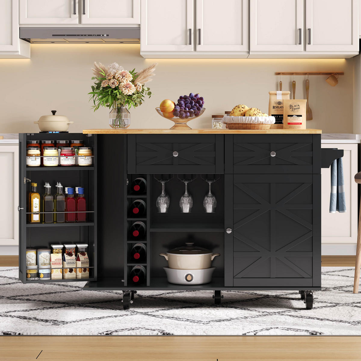 KÜCHENINSEL 120x70x89cm Schwarz mit Klappplatte,Weinregal & Schubladen - Schwarz, Holzwerkstoff (120/89/70cm) - Modfu