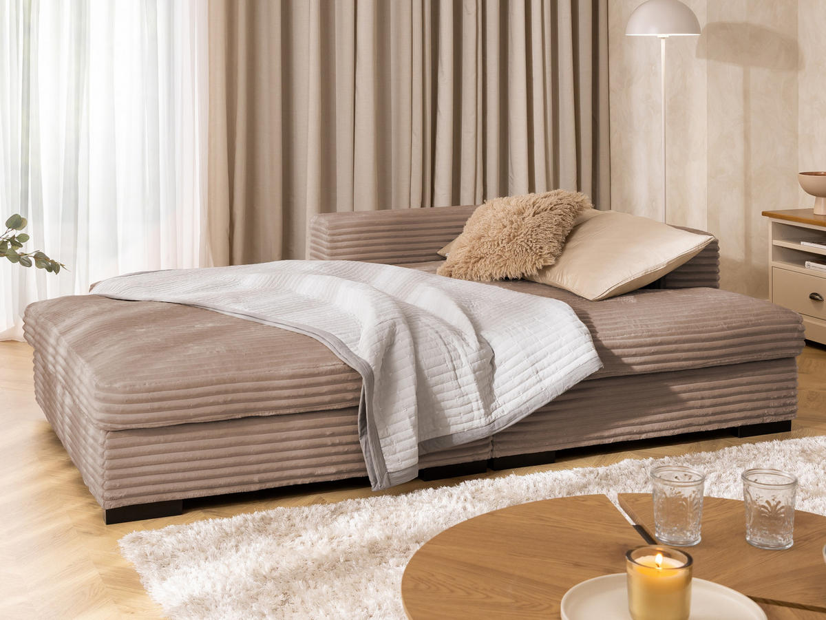 ECKSOFA Wolke mit tiefer Sitzfläche, Schlaffunktion und praktischem Bettkasten aus weichem Beige Cordstoff - Schwarz/Cappuccino, Holz/Kunststoff (225/162cm) - S-Style