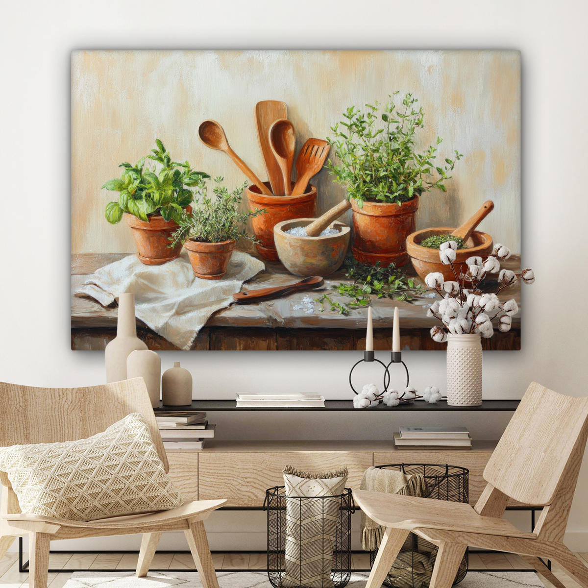 LEINWANDBILD Töpfe - Kräuter - Holz Groß 140x90 cm - Terracotta, Textil (140/90cm) - MuchoWow