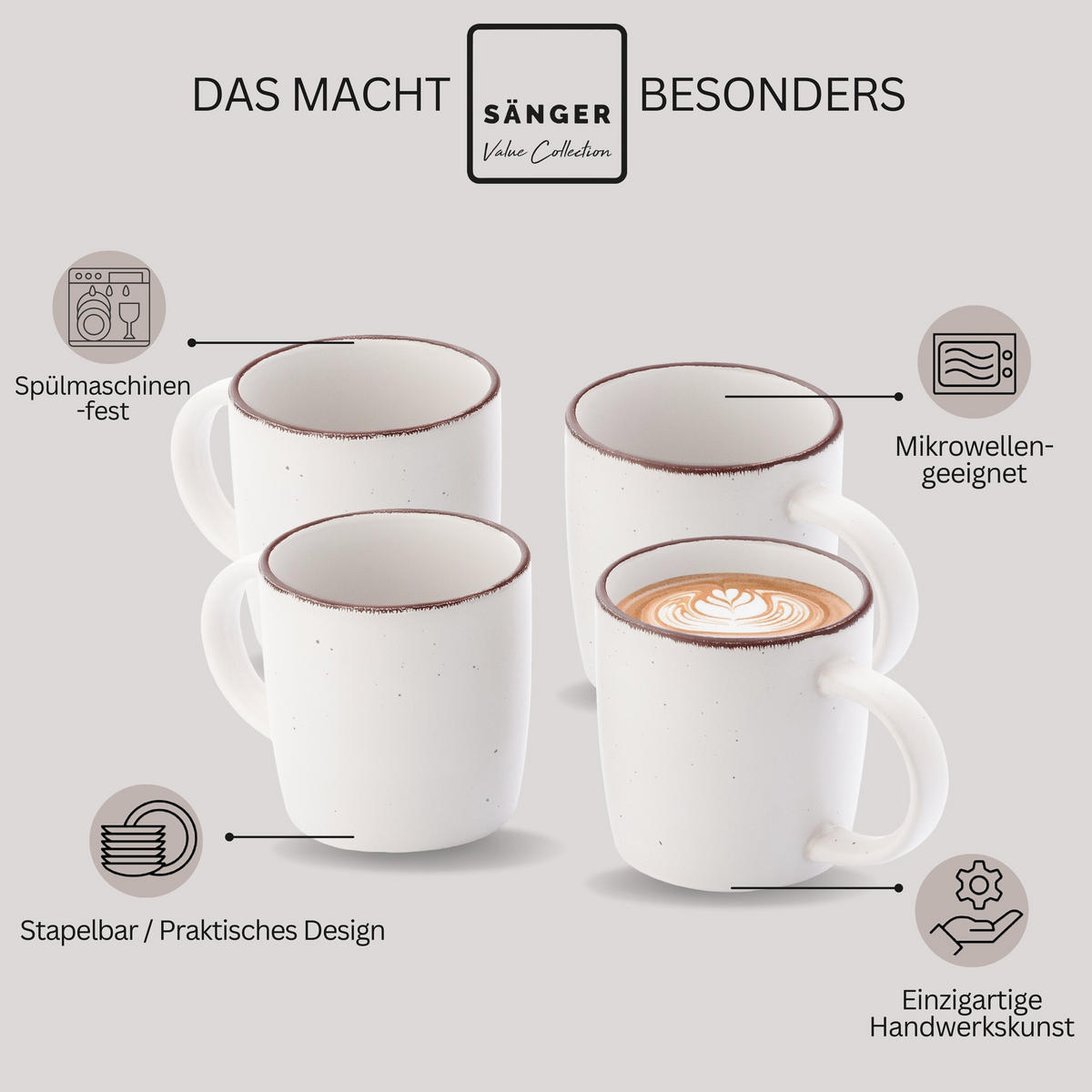 KAFFEEBECHER BOMBAY IVORY - 4 teilig aus Steingut - Creme, Stein (0.8L) - Sänger