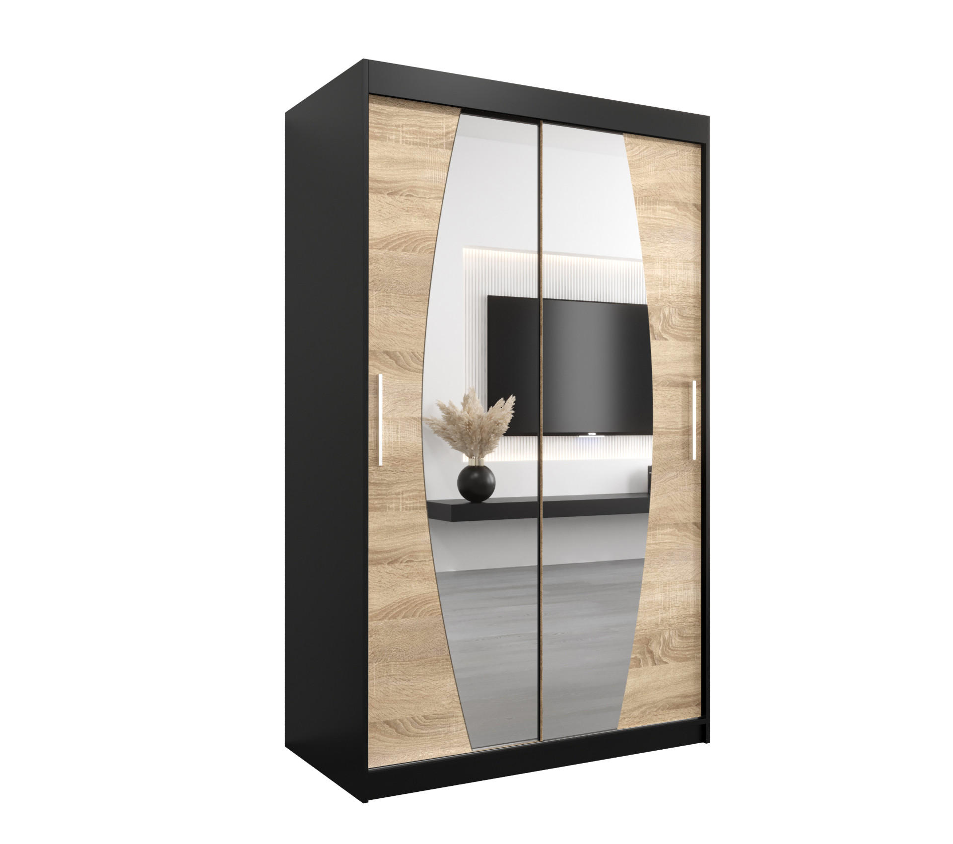Abiks Möbel Schwebetürenschrank Schwarz, Sonoma Eiche 120x200x62 cm