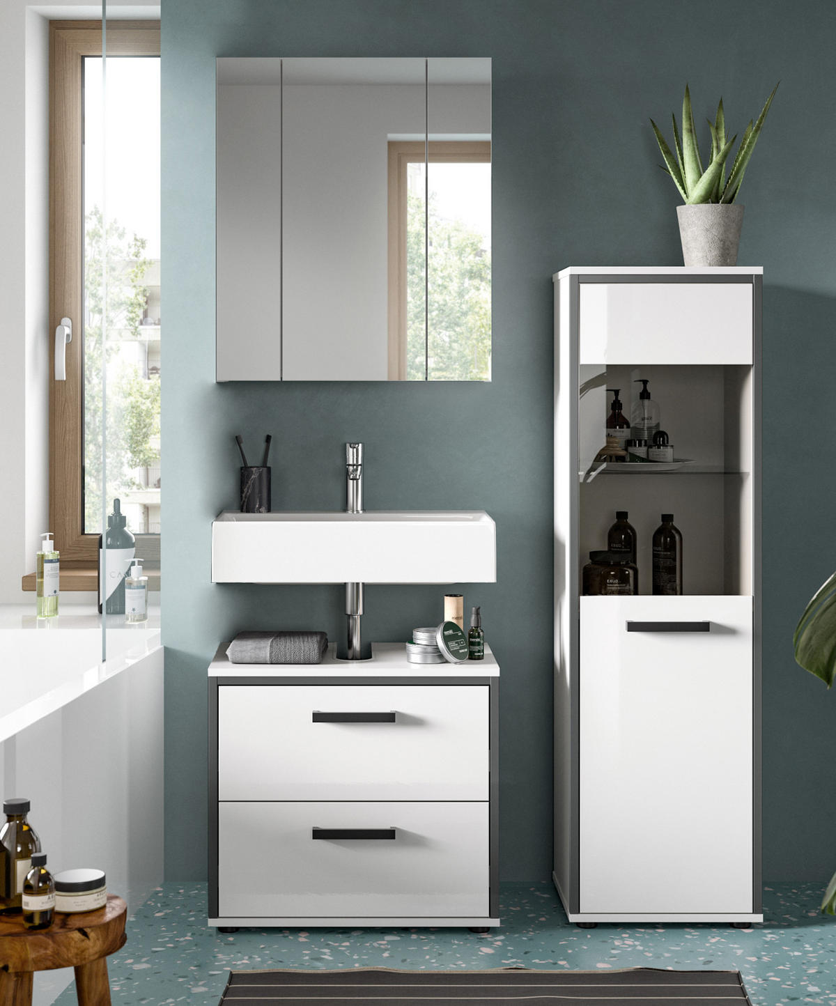 BADMÖBEL-SET 3-teilig weiß Hochglanz, grau, Badkombination 115 x 190 cm - Weiß Hochglanz/Schwarz, Glas/Holzwerkstoff (115/190/37.5cm) - Inn.Furn