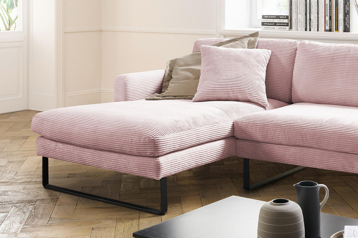 ECKSOFA RICARDA Pink Cord - Pink/Schwarz, Textil/Metall (298/154cm) - KAWOLA