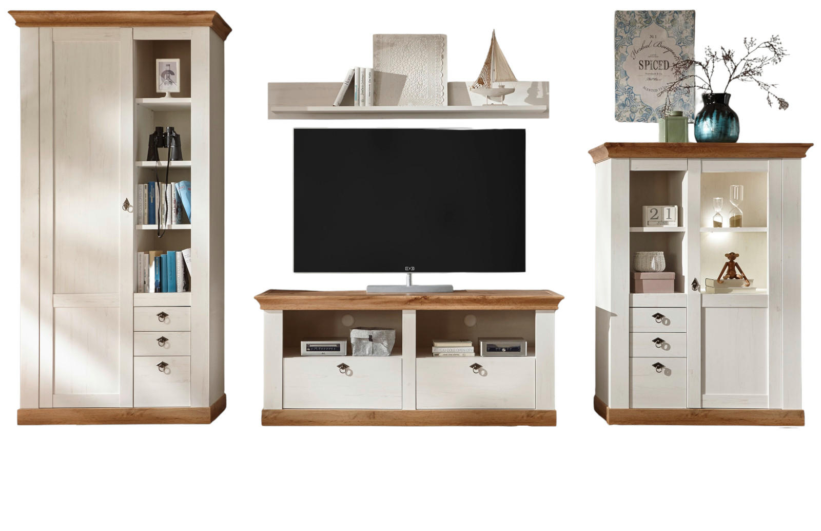 WOHNWAND weiß Pinie, Eiche Landhaus 376 cm 4-teilig, Schrankwand im Landhaus-Stil - Silberfarben/Eiche Wotan, Glas/Holzwerkstoff (376/376/52cm) - Furn.Design