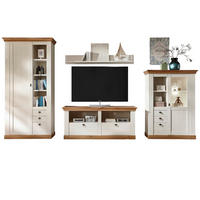 WOHNWAND weiß Pinie, Eiche Landhaus 376 cm 4-teilig, Schrankwand im Landhaus-Stil - Silberfarben/Eiche Wotan, Glas/Holzwerkstoff (376/376/52cm) - Furn.Design