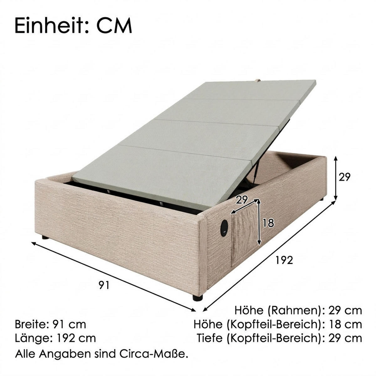 POLSTERBETT 90/190 cm Natürlich mit USB- C, Ohne Kopfteil - Naturfarben, Textil (90/190cm) - Oxeza