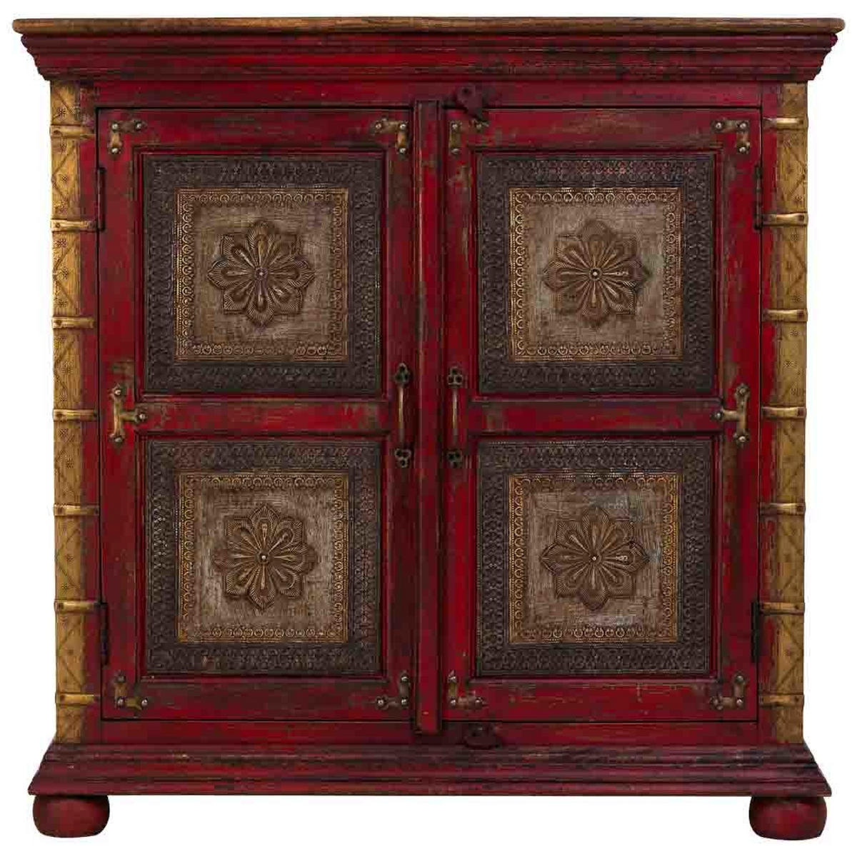 HANDGEFERTIGTES Sideboard aus geschnitztem Holz 90x40x90 cm - Rot, Holz (90/90/40cm) - Wanderlust