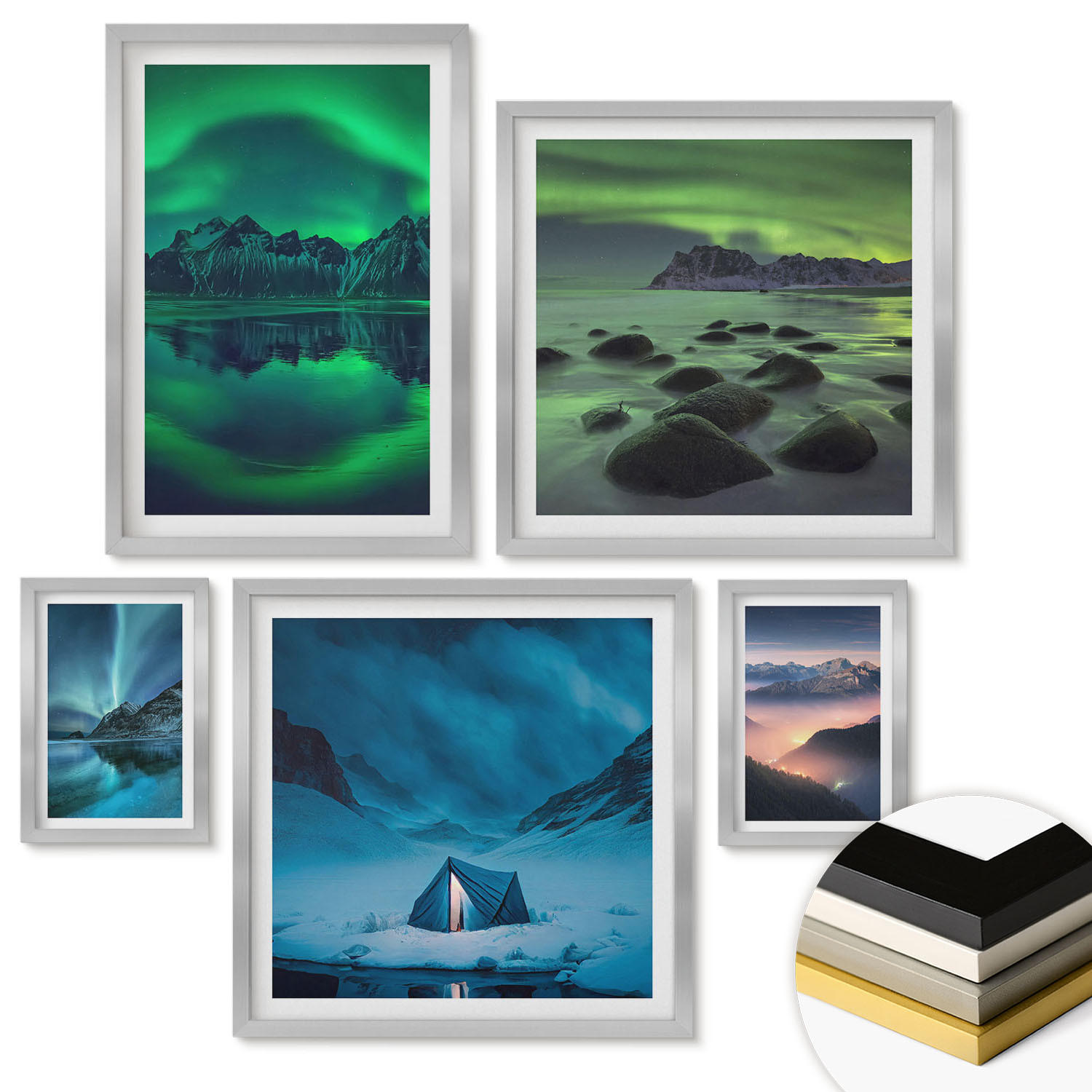 WANDBILDER 5er Set - 50x50 cm & 20x30 cm & 40x60 cm Silberner Rahmen - Stilvolle Pflanzenmuster und Geometrie - Silberfarben, Kunststoff (40/60cm) - ArtPrintCave