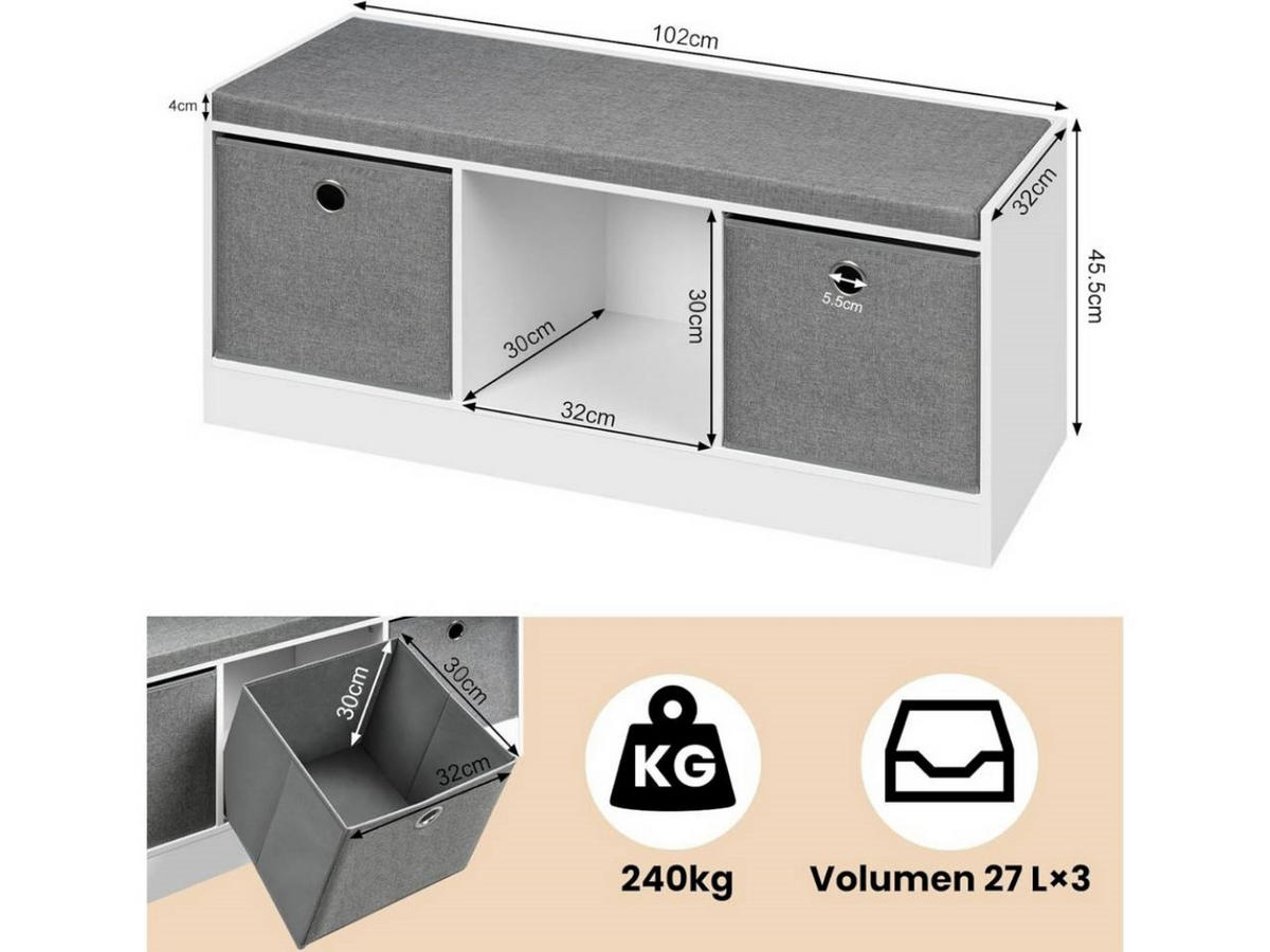 SITZBANK mit 3 Stoffschubladen, Weiß Grau - Weiß/Grau, Holzwerkstoff/Kunststoff (102/45.5/32cm) - Woltu
