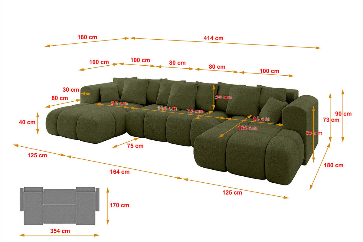 WOHNLANDSCHAFT Ottomane Links CLOUD-U-v1 414x180x40 Grün Bouclé - Grün, Holzwerkstoff/Kunststoff (414/90/180cm) - ALTDECOR
