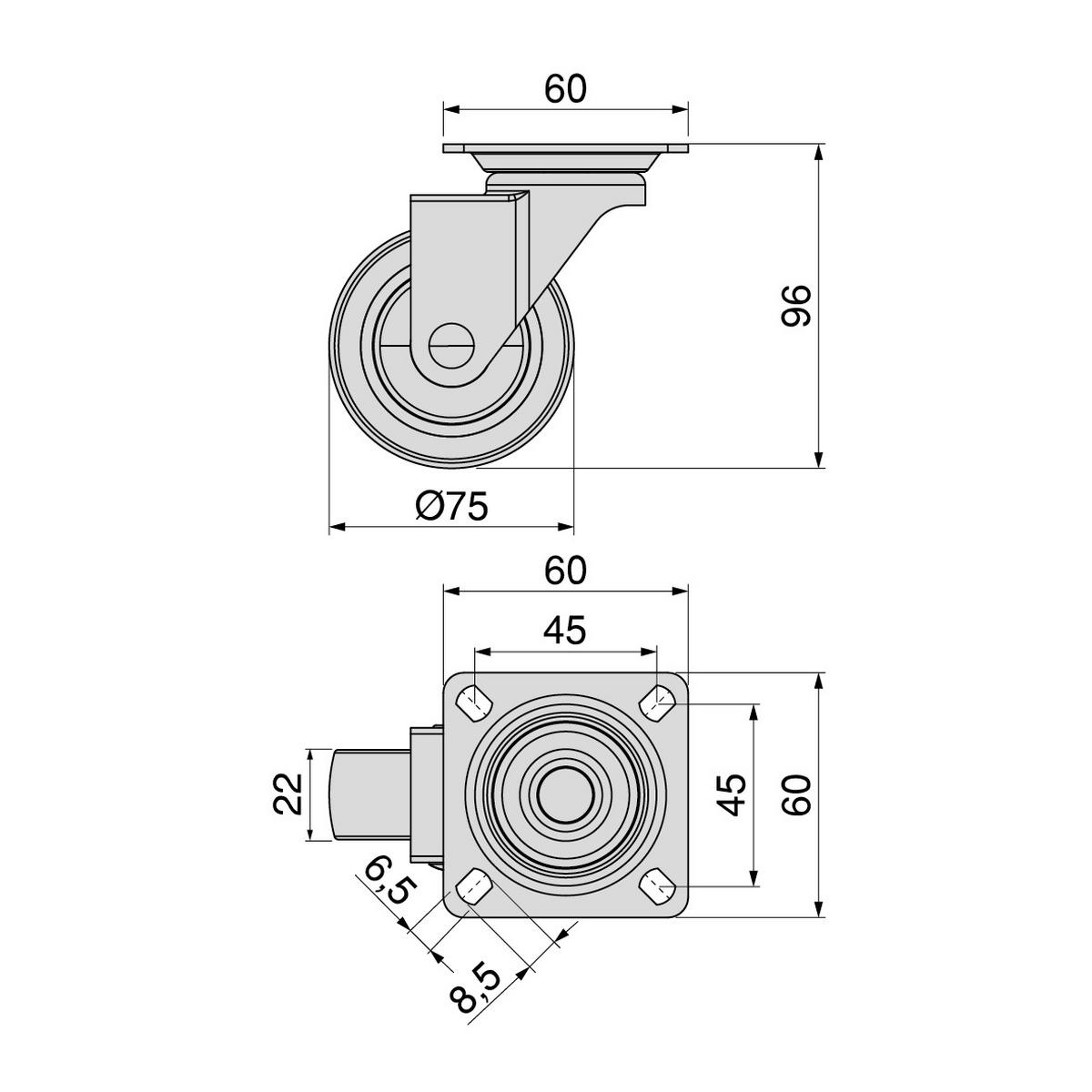ROLLEN Slip mit Montageplatte, Durchmesser 75mm, Stahl und Kunststoff, Grau 4er-set - Grau, Metall (6/10/6cm) - EMUCA