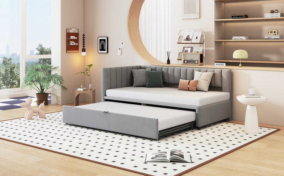 POLSTERBETT 90/200 cm Grau aus Samt mit Ausziehbett - Grau, Textil (90/180cm) - OKMYHOME
