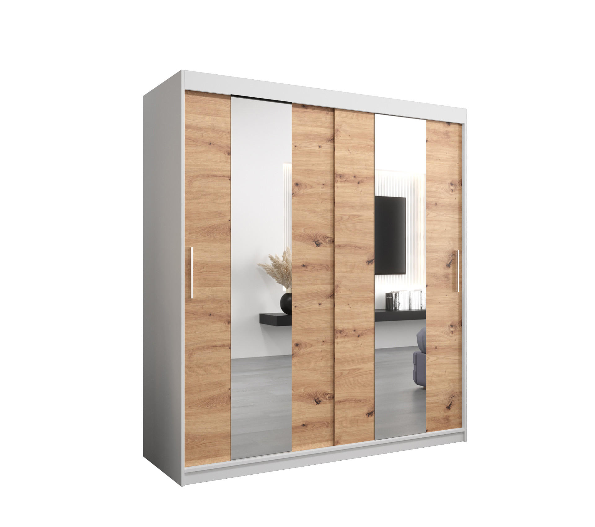 Abiks Möbel Schwebetürenschrank Weiß, Eiche Artisan 180x200x62 cm