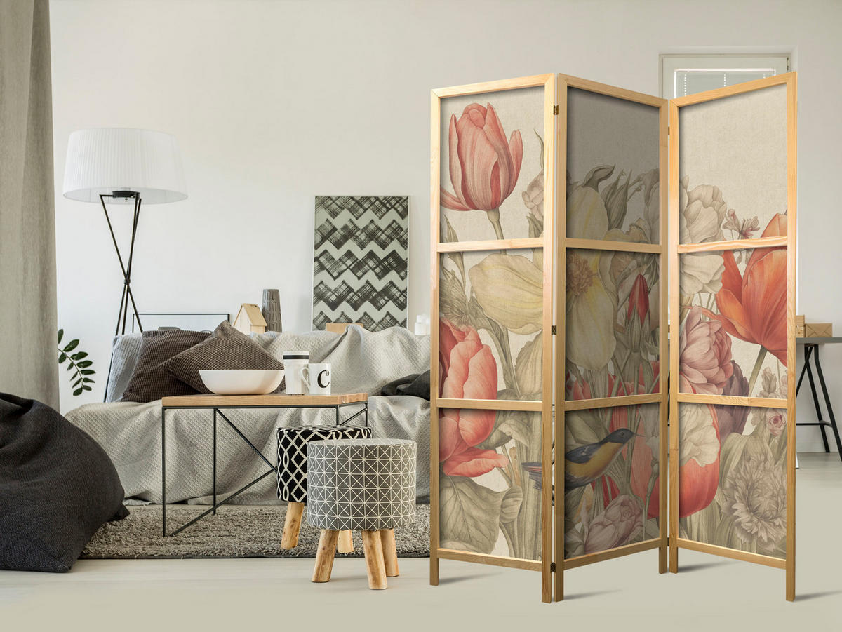 PARAVENT Japanischer 3-tlg 135x172 cm Bunte Feldblumen - Beige, Holz/Textil (135/172/3cm) - Muralo