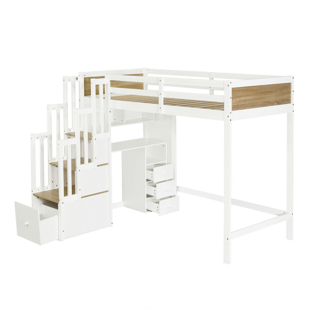 HALBHOCHBETT aus Kiefer und MDF 90x200 cm Weiß/Natur mit Schreibtisch, Stauraumtreppe und Schubladen - Weiß, Holz (90/200cm) - Modfu