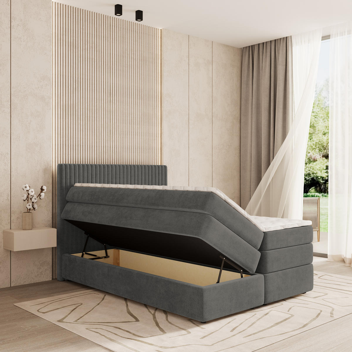 BOXSPRINGBETT FELBIO 160x200 cm mit Matratze und Topper - Grau - Grau, Holz (160/200cm) - MASSENO
