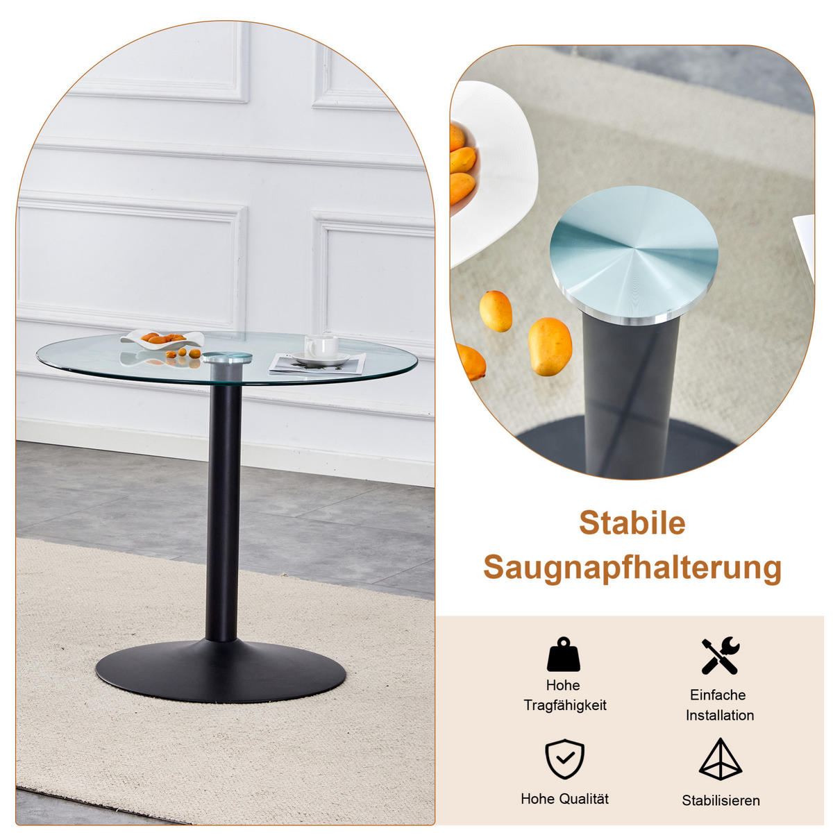 TISCH- UND STUHLSET 4er-Set Glas 85 cm Braun/Schwarz - Braun, Metall (85/76/85cm) - Meubliv