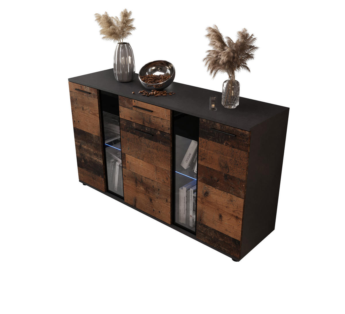 KOMMODE London LSK mit 3 Türen, Sideboard in Farbe: Dunkelbraun|Schwarz, Größe: 140 x 80 x 40 cm - Dunkelbraun/Schwarz, Holzwerkstoff (140/80/40cm) - O-Sofa