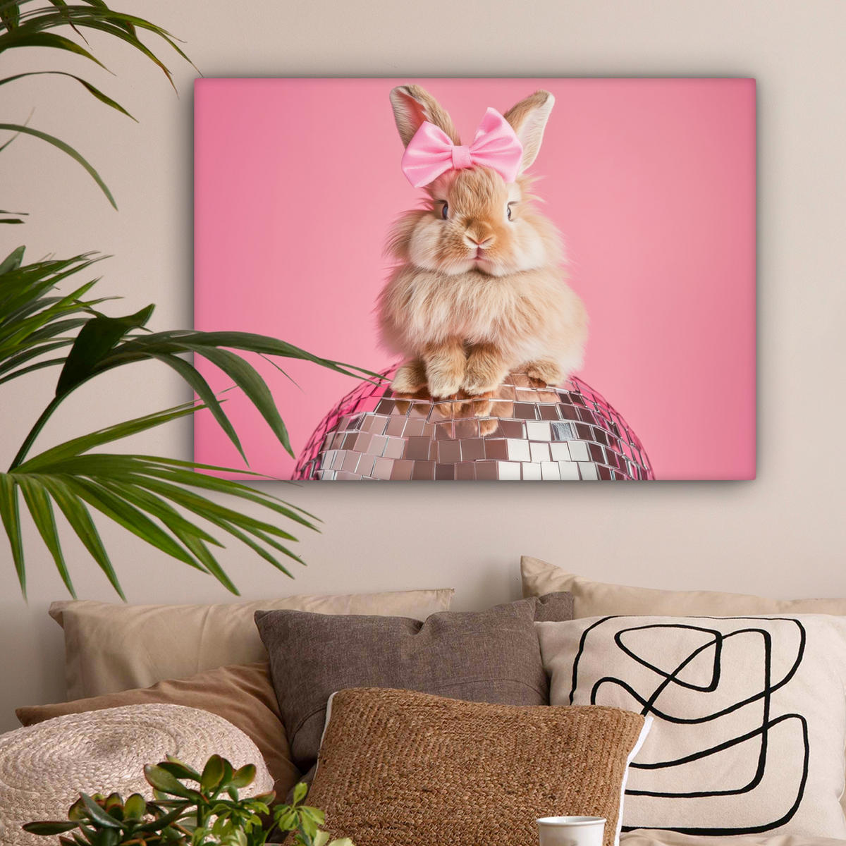 LEINWANDBILD Schleife - Discoball - Kaninchen Wandbilder 80x60 cm - Pink, Textil (80/60cm) - MuchoWow