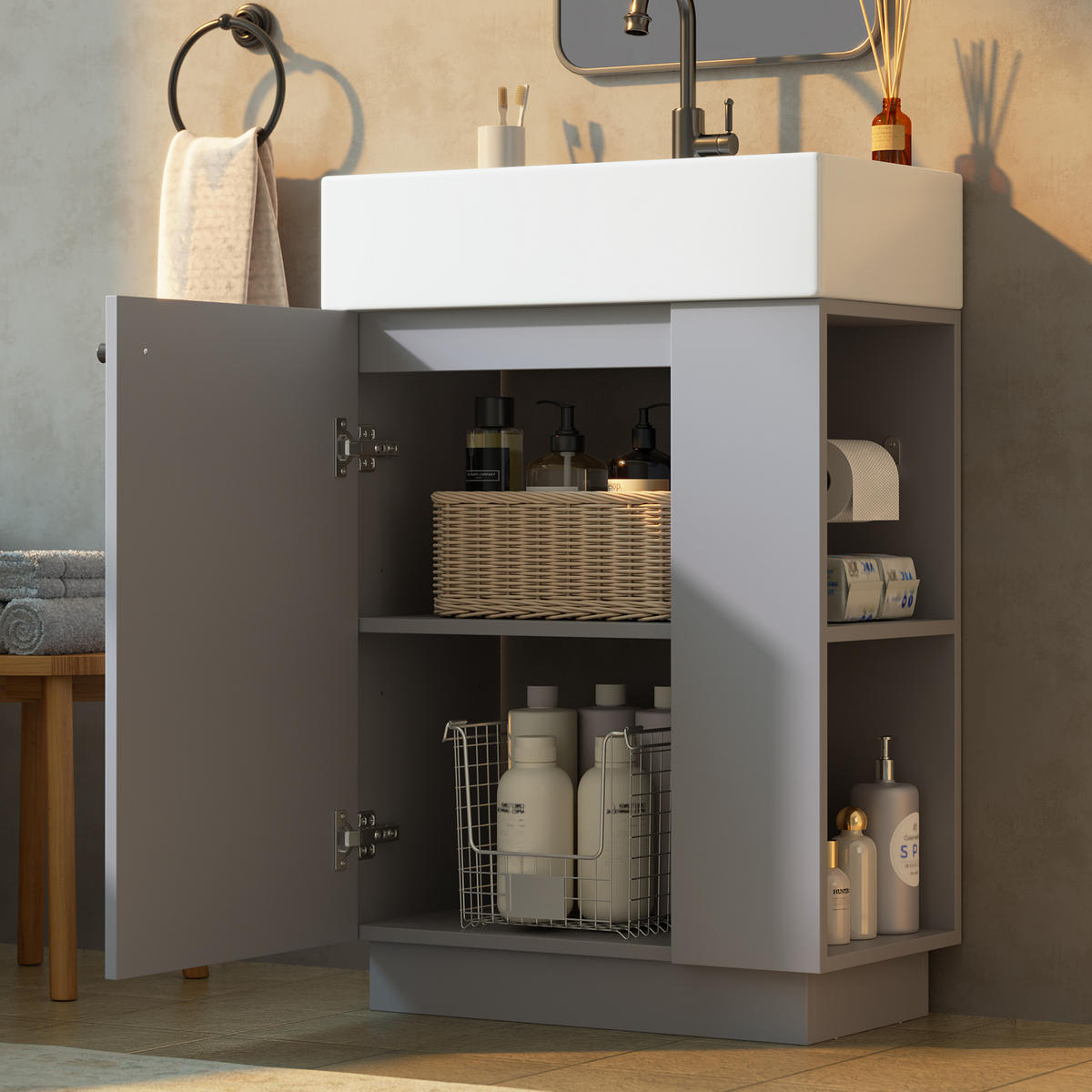 BADEZIMMERSCHRANK Waschbeckenunterschrank Rillenoptik Keramik Grau 55cm - Grau, Keramik (55/87/32cm) - FLIEKS