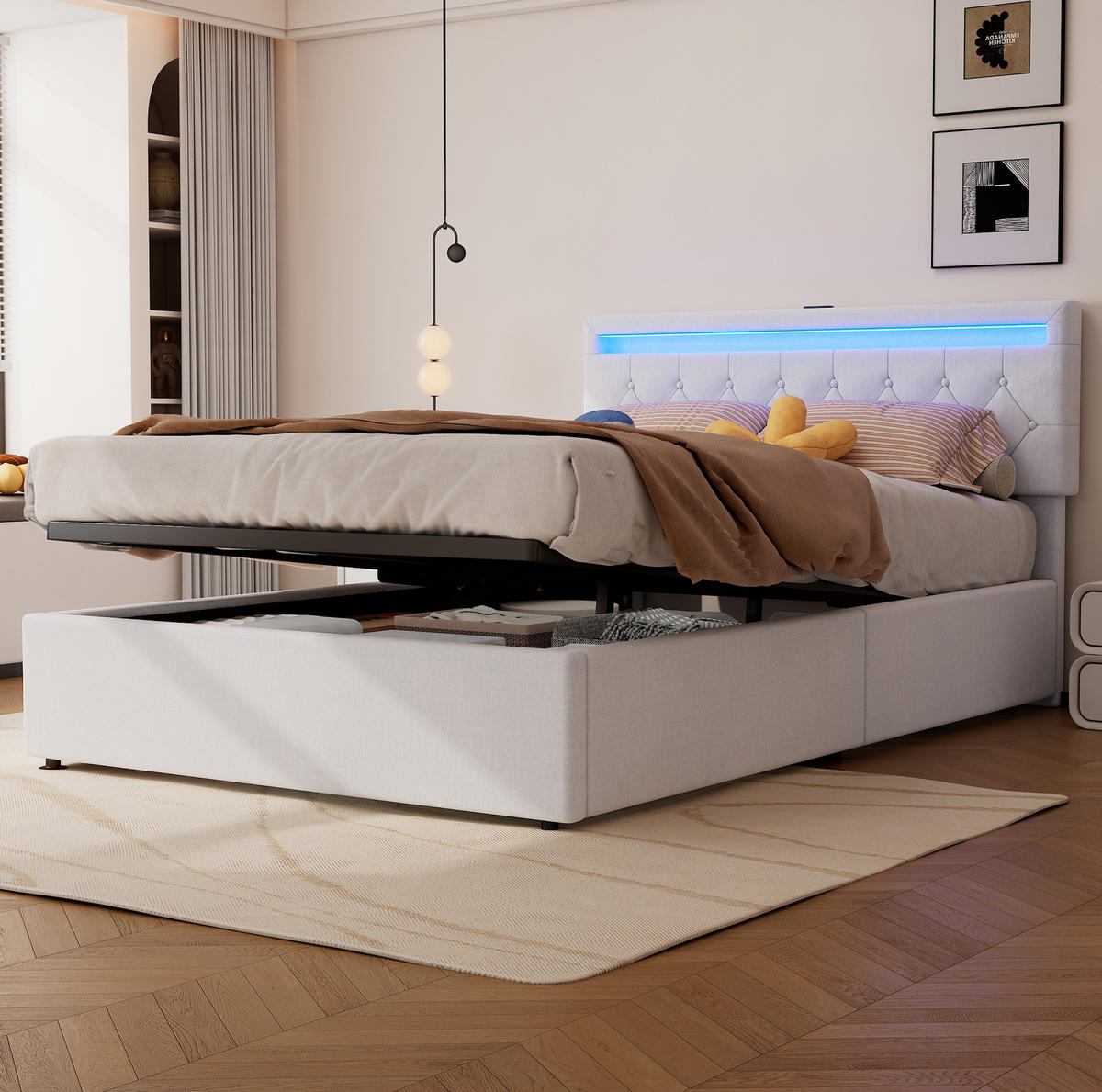 POLSTERBETT aus Leinen 140x200 cm in Weiß mit LED, USB-C & Bettkasten - Weiß, Textil (140/200cm) - Modfu