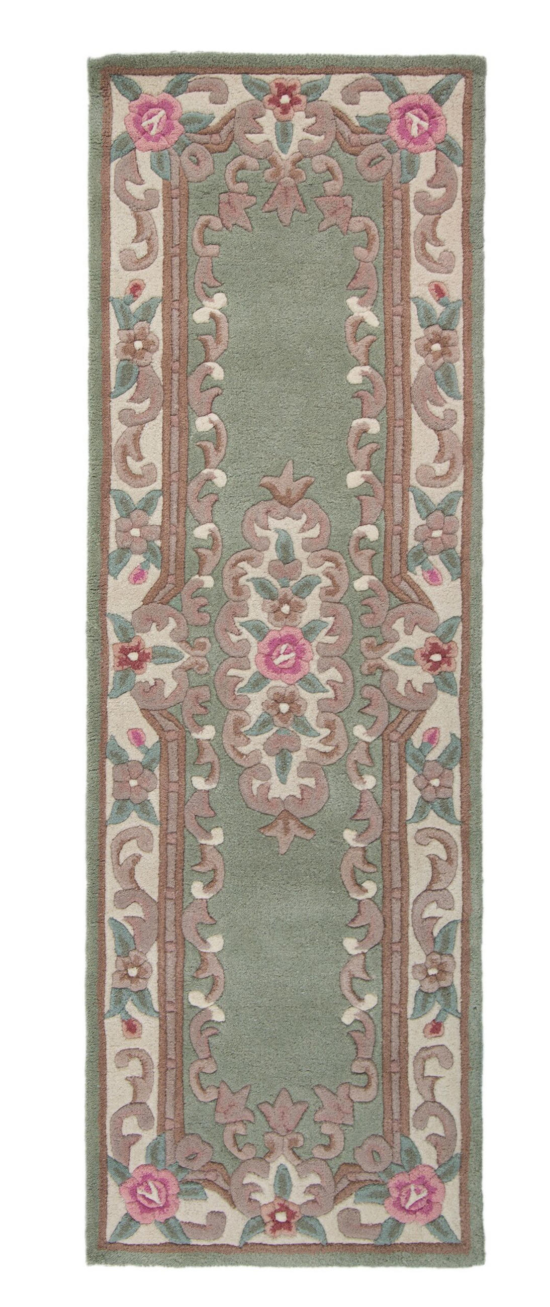 WOLLTEPPICH Aubusson-Muster handgeknüpft BEAULY, Grün-Beige 67x210 cm - Grün, Textil (67/210cm) - KADIMA DESIGN