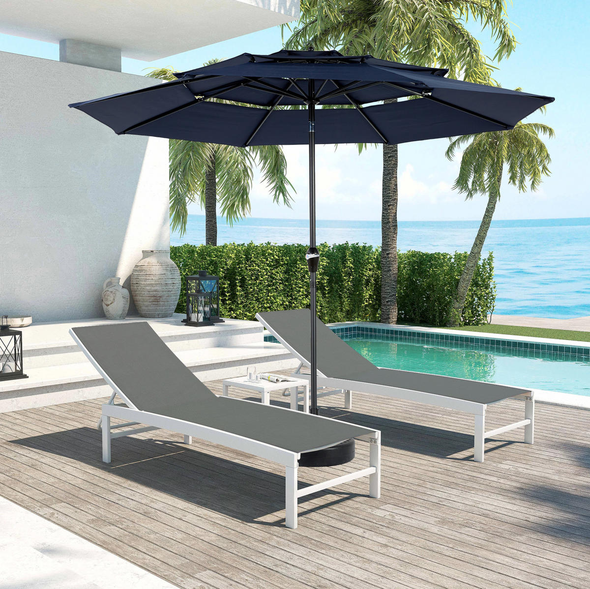 SONNENSCHIRM rund 300 cm in Marineblau mit Kurbel und Neigefunktion - Blau, Metall (294/294cm) - BEAOK