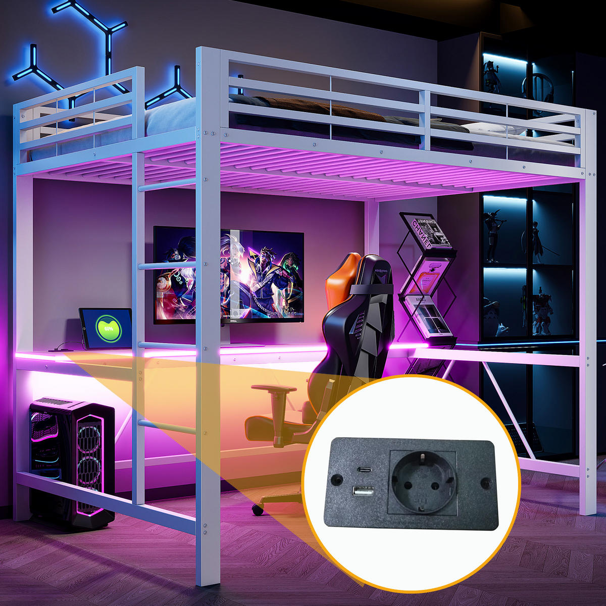 HOCHBETT 140/200 cm in Weiß mit Schreibtisch, LED und USB - Weiß, Holzwerkstoff/Metall (140/200cm) - WISHDOR